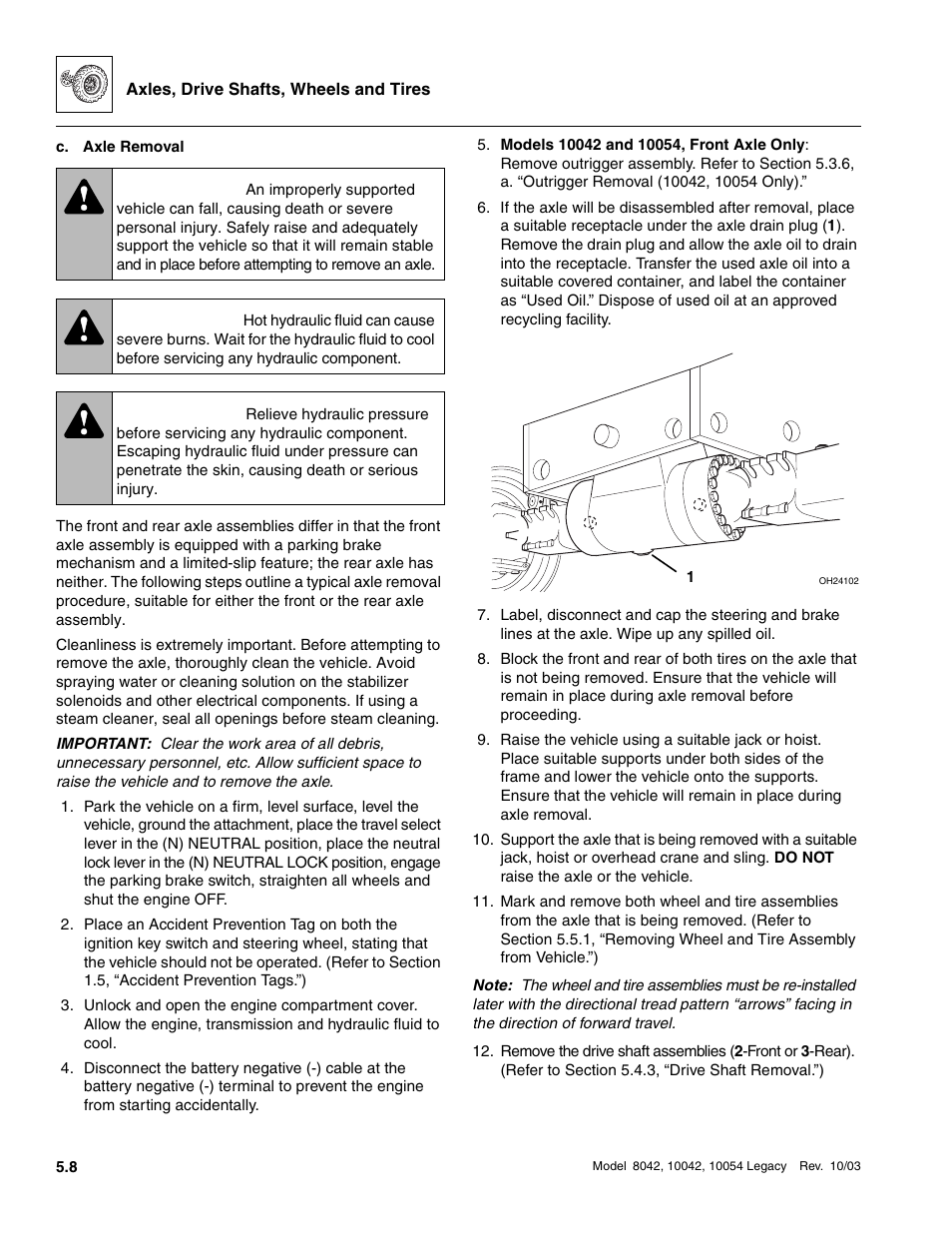 To section 5.3.6, c. “axle removal, Warning | SkyTrak 8042 Service Manual User Manual | Page 281 / 906