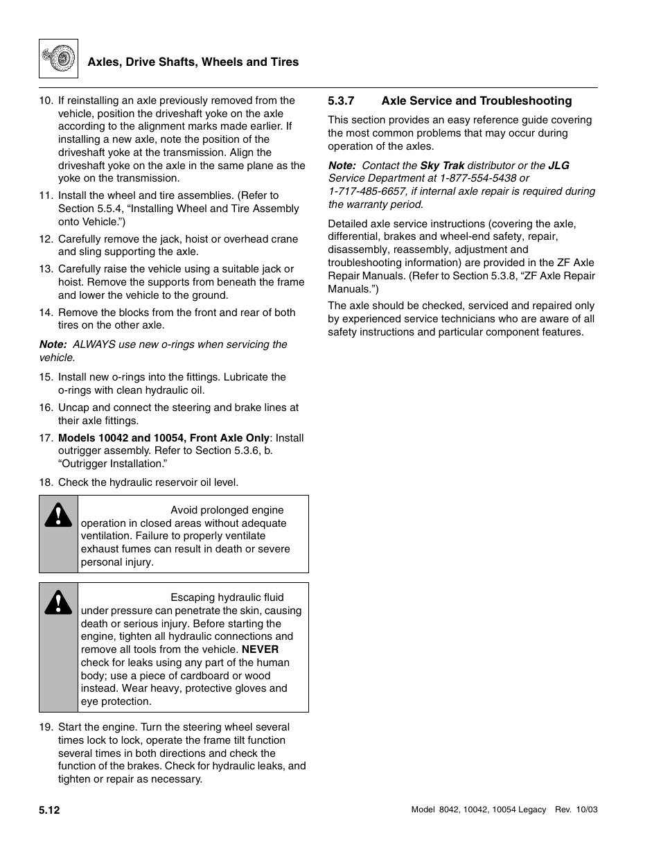 7 axle service and troubleshooting, Axle service and troubleshooting, Warning | SkyTrak 8042 Service Manual User Manual | Page 285 / 906