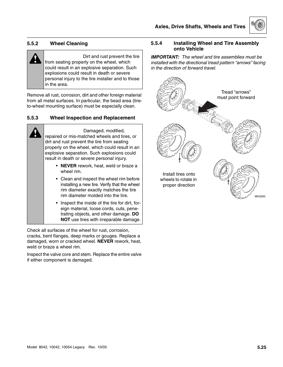 2 wheel cleaning, 3 wheel inspection and replacement, 4 installing wheel and tire assembly onto vehicle | Wheel cleaning, Wheel inspection and replacement, Installing wheel and tire assembly onto vehicle, Warning | SkyTrak 8042 Service Manual User Manual | Page 298 / 906
