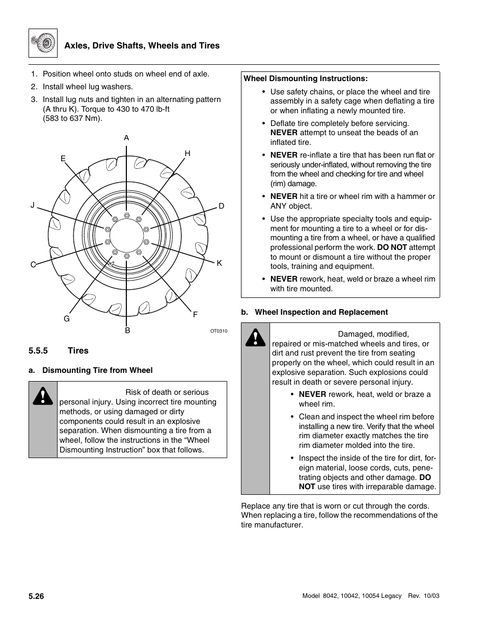 5 tires, Tires, Warning | SkyTrak 8042 Service Manual User Manual | Page 299 / 906