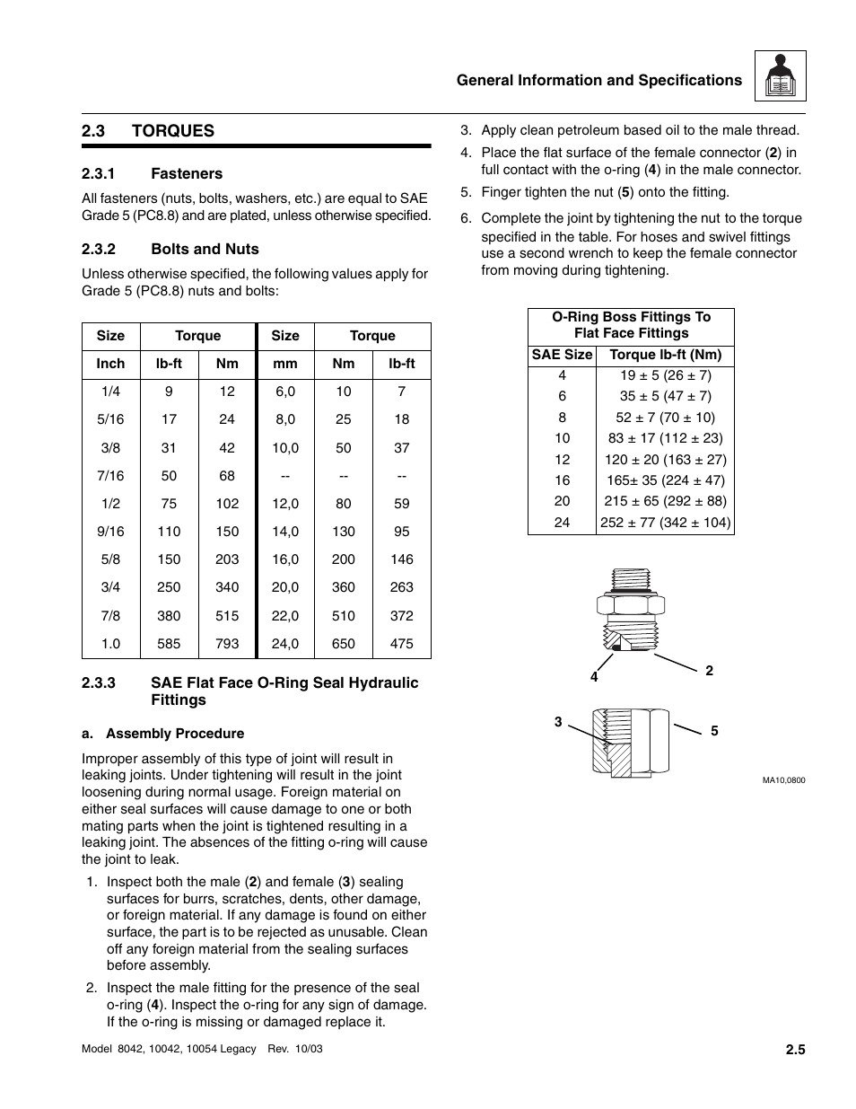 3 torques, 1 fasteners, 2 bolts and nuts | 3 sae flat face o-ring seal hydraulic fittings, Torques, Fasteners, Bolts and nuts, Sae flat face o-ring seal hydraulic fittings | SkyTrak 8042 Service Manual User Manual | Page 30 / 906