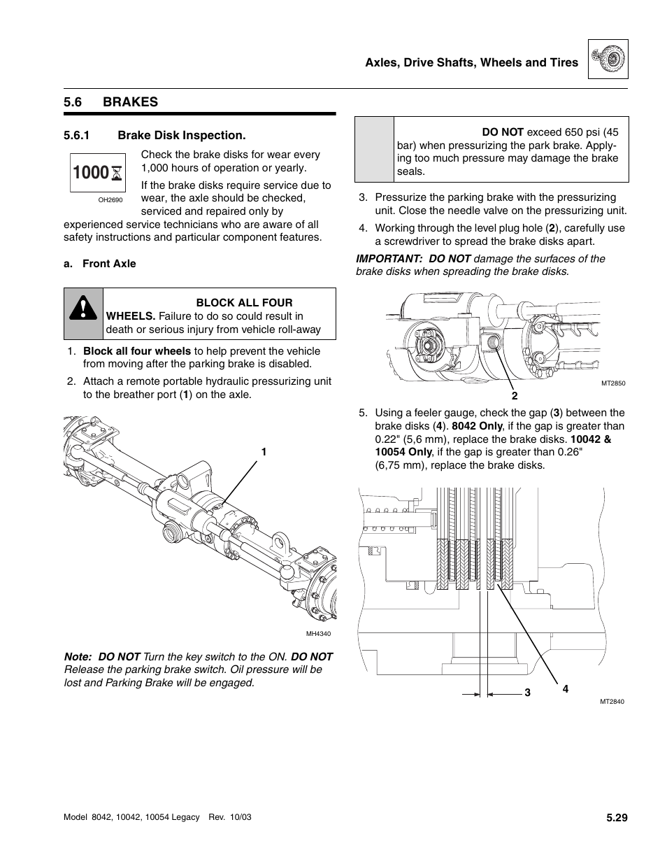 6 brakes, 1 brake disk inspection, Brakes | Brake disk inspection, Warning, Caution | SkyTrak 8042 Service Manual User Manual | Page 302 / 906