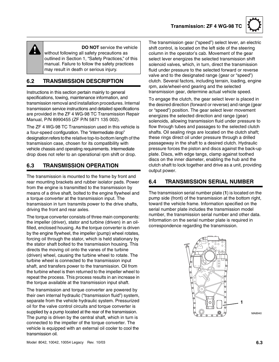 2 transmission description, 3 transmission operation, 4 transmission serial number | Transmission description, Transmission operation, Transmission serial number, Warning | SkyTrak 8042 Service Manual User Manual | Page 308 / 906