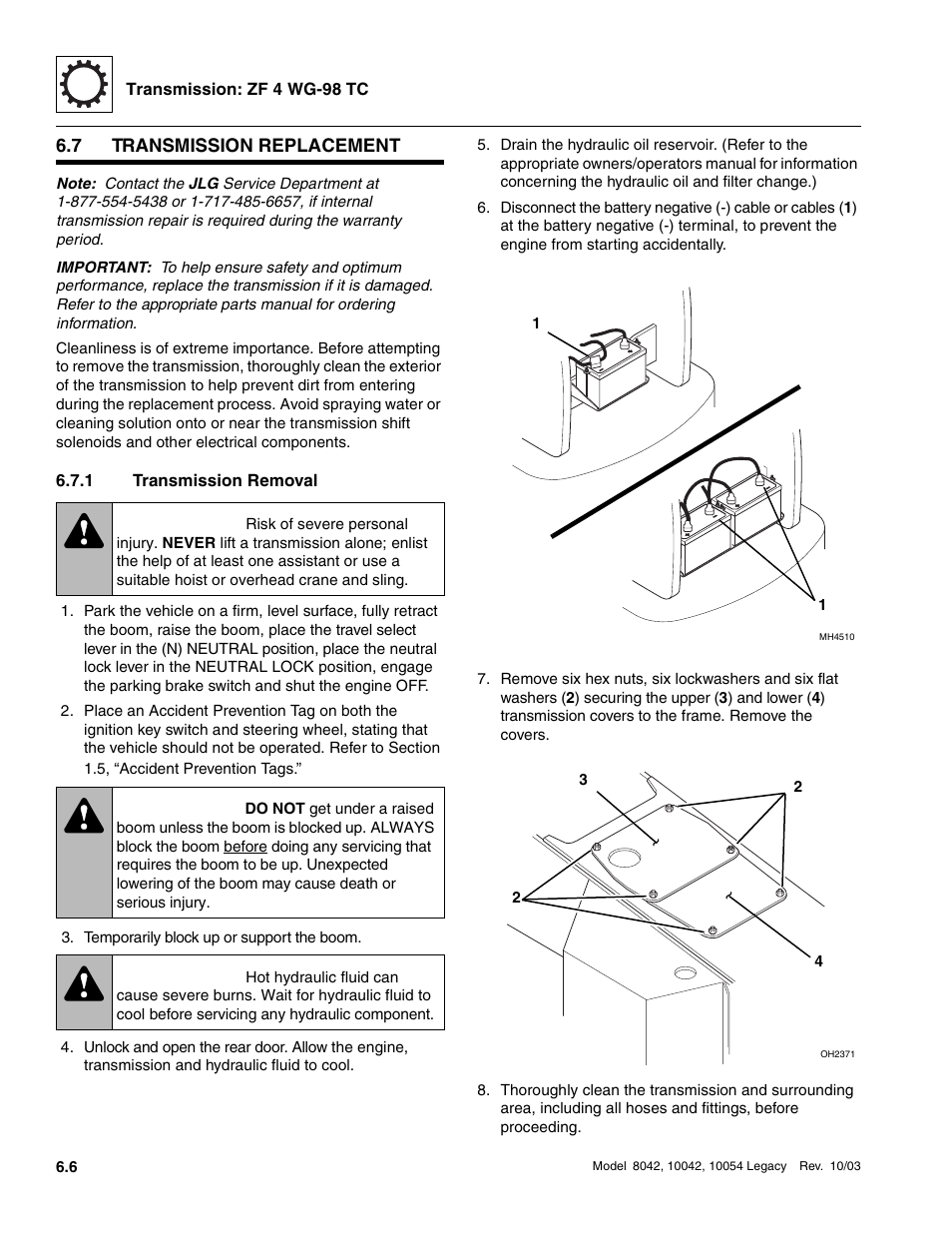 7 transmission replacement, 1 transmission removal, Transmission replacement | Transmission removal, Warning | SkyTrak 8042 Service Manual User Manual | Page 311 / 906