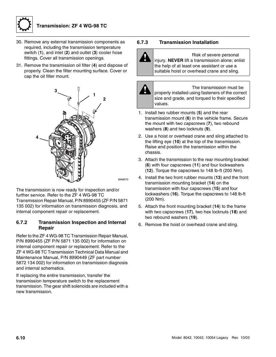 2 transmission inspection and internal repair, 3 transmission installation, Transmission inspection and internal repair | Transmission installation, Warning | SkyTrak 8042 Service Manual User Manual | Page 315 / 906