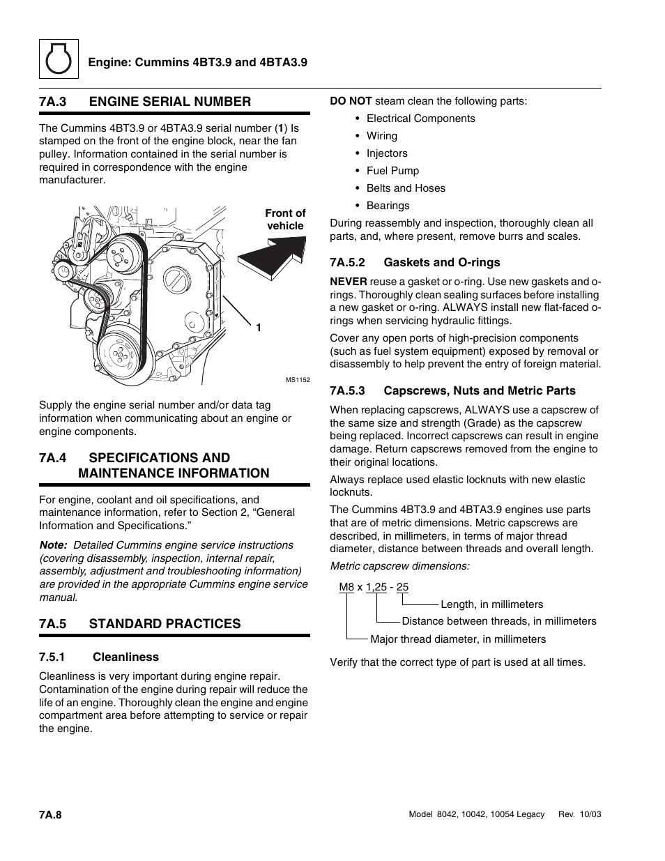 7a.3 engine serial number, 7a.4 specifications and maintenance information, 7a.5 standard practices | 1 cleanliness, 7a.5.2 gaskets and o-rings, 7a.5.3 capscrews, nuts and metric parts, 7a.3, Engine serial number, 7a.8, 7a.4 | SkyTrak 8042 Service Manual User Manual | Page 331 / 906