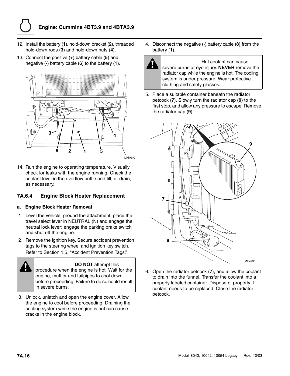 7a.6.4 engine block heater replacement, 7a.6.4, Engine block heater replacement a.16 | Warning | SkyTrak 8042 Service Manual User Manual | Page 339 / 906