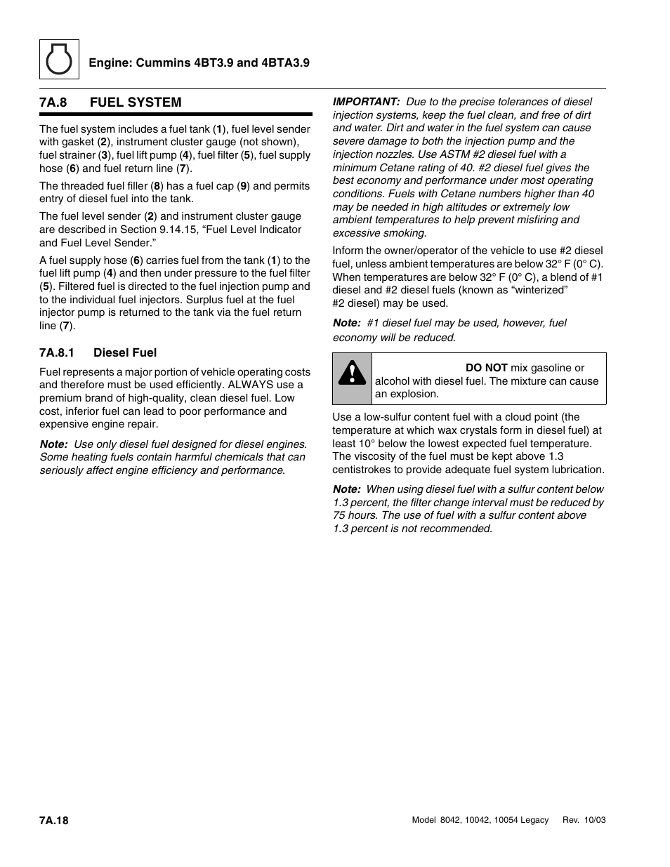 7a.8 fuel system, 7a.8.1 diesel fuel, 7a.8 | Fuel system a.18, Fuel system a.18 7a.8.1, Diesel fuel a.18, Warning | SkyTrak 8042 Service Manual User Manual | Page 341 / 906