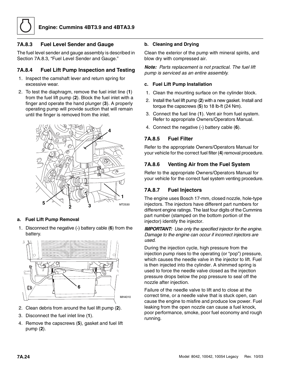 7a.8.3 fuel level sender and gauge, 7a.8.4 fuel lift pump inspection and testing, 7a.8.5 fuel filter | 7a.8.6 venting air from the fuel system, 7a.8.7 fuel injectors, 7a.8.3, Fuel level sender and gauge a.24, 7a.8.4, Fuel lift pump inspection and testing a.24, 7a.8.5 | SkyTrak 8042 Service Manual User Manual | Page 347 / 906