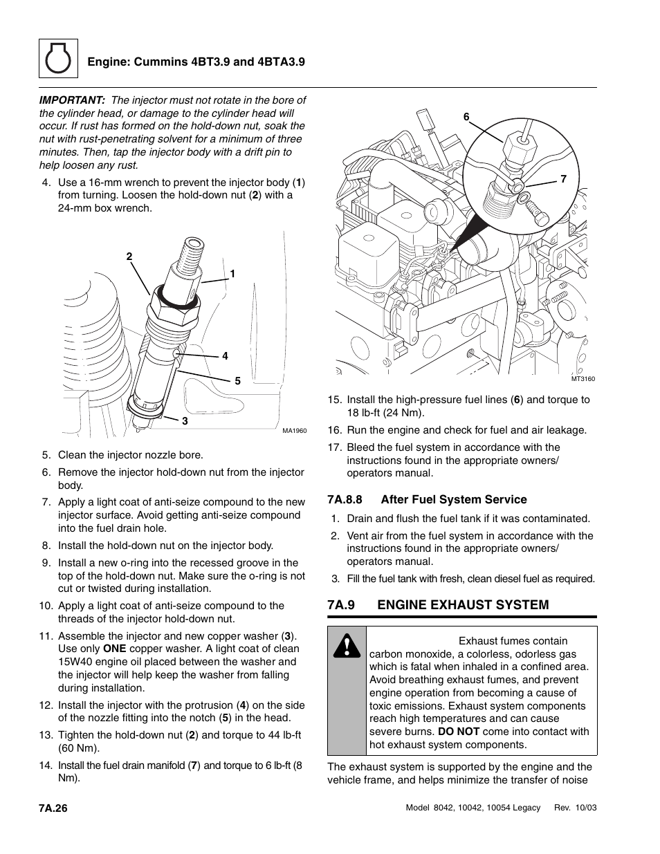 7a.8.8 after fuel system service, 7a.9 engine exhaust system, 7a.9 | Engine exhaust system a.26, 7a.8.8, After fuel system service a.26, Warning | SkyTrak 8042 Service Manual User Manual | Page 349 / 906