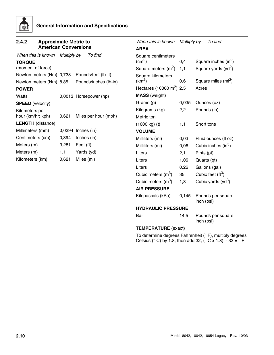 2 approximate metric to american conversions, Approximate metric to american conversions | SkyTrak 8042 Service Manual User Manual | Page 35 / 906