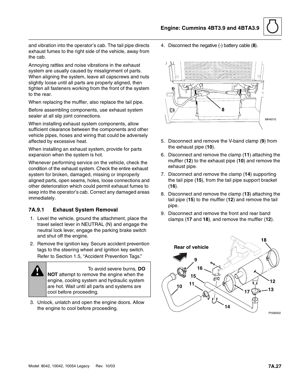 7a.9.1 exhaust system removal, 7a.9.1, Exhaust system removal a.27 | Warning | SkyTrak 8042 Service Manual User Manual | Page 350 / 906