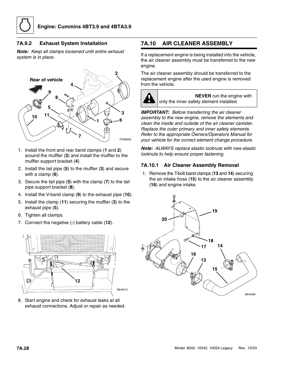7a.9.2 exhaust system installation, 7a.10 air cleaner assembly, 7a.10.1 air cleaner assembly removal | 7a.10, Air cleaner assembly a.28, 7a.9.2, Exhaust system installation a.28, Air cleaner assembly a.28 7a.10.1, Air cleaner assembly removal a.28, Caution | SkyTrak 8042 Service Manual User Manual | Page 351 / 906