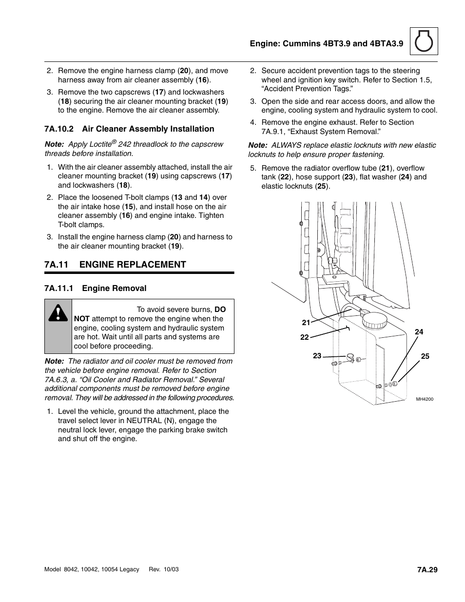 7a.10.2 air cleaner assembly installation, 7a.11 engine replacement, 7a.11.1 engine removal | 7a.11, Engine replacement a.29, 7a.10.2, Air cleaner assembly installation a.29, Engine replacement a.29 7a.11.1, Engine removal a.29, Warning | SkyTrak 8042 Service Manual User Manual | Page 352 / 906