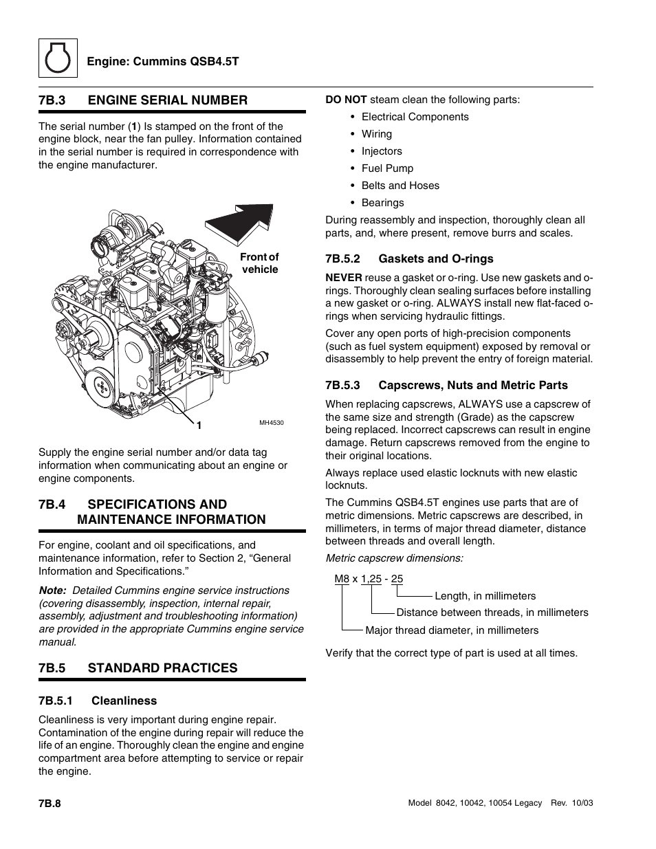 7b.3 engine serial number, 7b.4 specifications and maintenance information, 7b.5 standard practices | 7b.5.1 cleanliness, 7b.5.2 gaskets and o-rings, 7b.5.3 capscrews, nuts and metric parts, 7b.3, Engine serial number, 7b.8, 7b.4 | SkyTrak 8042 Service Manual User Manual | Page 375 / 906