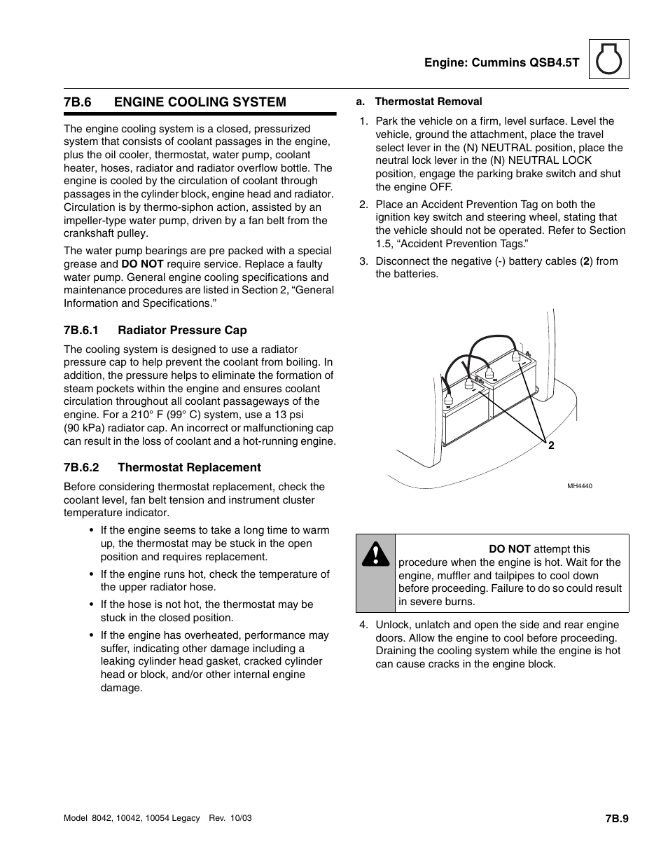 7b.6 engine cooling system, 7b.6.1 radiator pressure cap, 7b.6.2 thermostat replacement | 7b.6, Engine cooling system, 7b.9, 7b.6.1, Radiator pressure cap, 7b.6.2, Thermostat replacement | SkyTrak 8042 Service Manual User Manual | Page 376 / 906