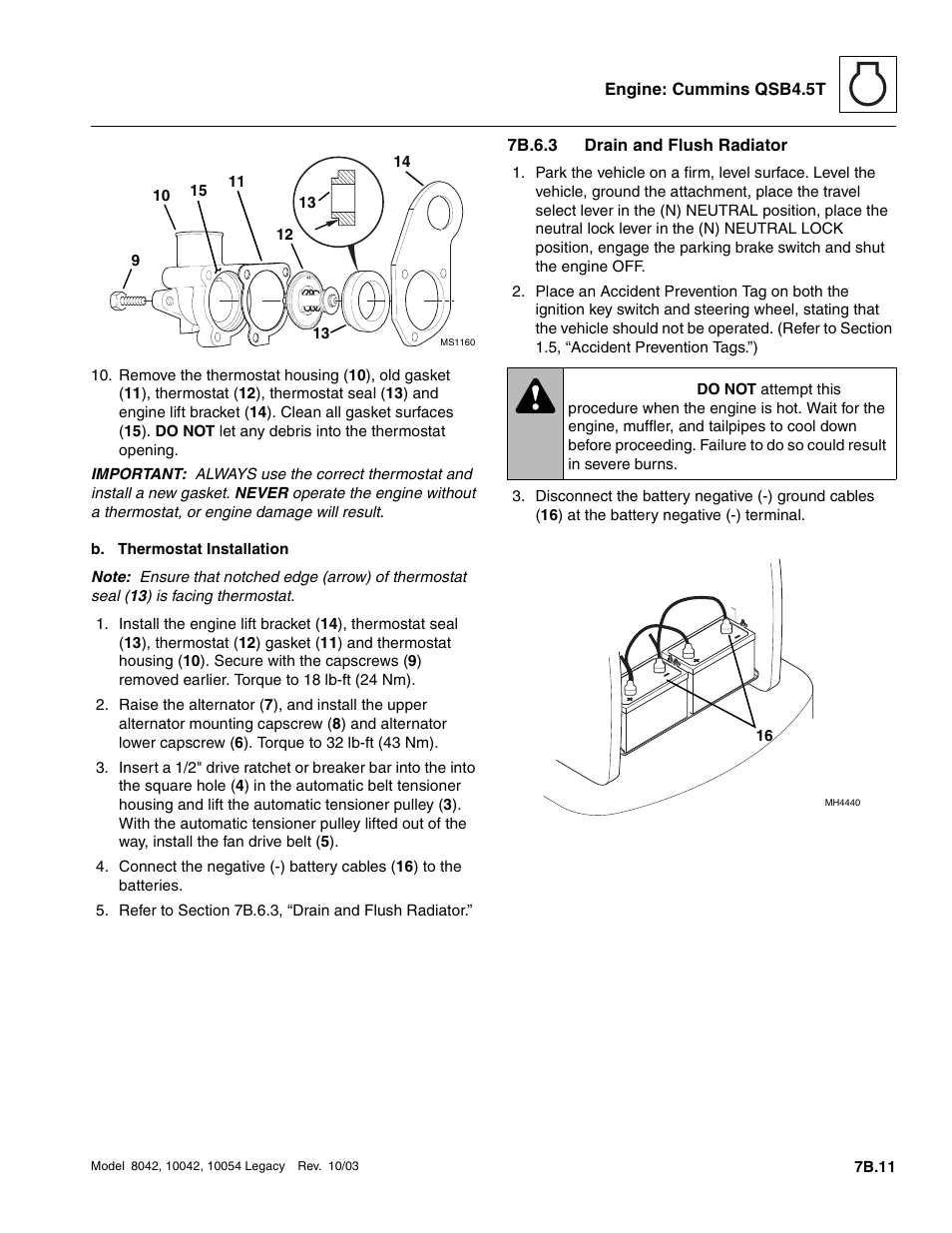 7b.6.3 drain and flush radiator, Section 7b.6.2, b. “thermostat installation, 7b.6.3 | Drain and flush radiator b.11, S ( 9 ), Warning | SkyTrak 8042 Service Manual User Manual | Page 378 / 906