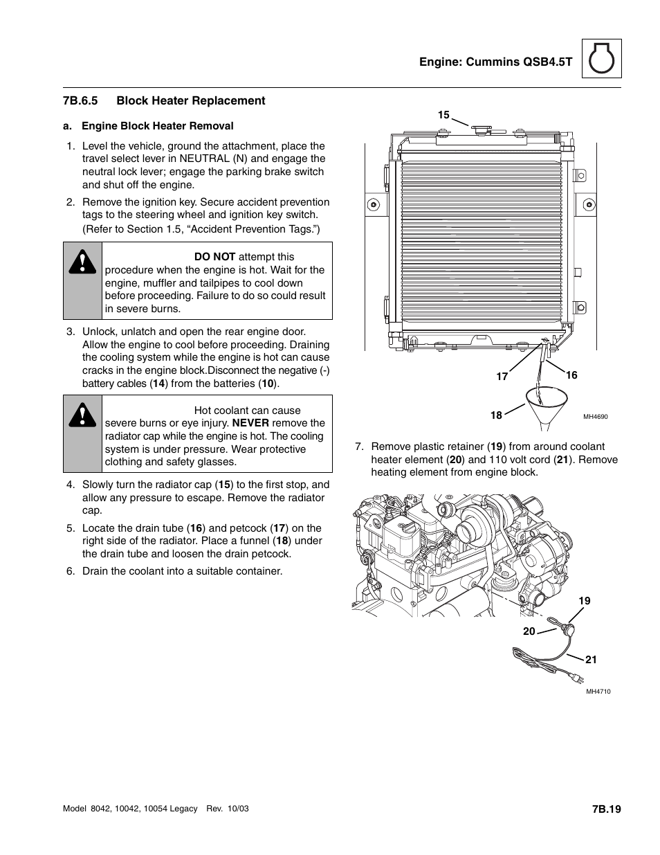 7b.6.5 block heater replacement, 7b.6.5, Block heater replacement b.19 | Warning | SkyTrak 8042 Service Manual User Manual | Page 386 / 906
