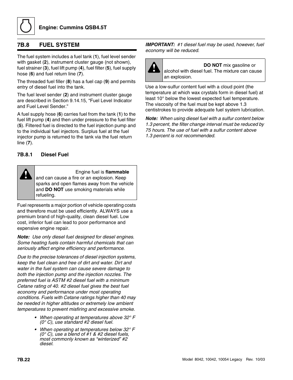7b.8 fuel system, 7b.8.1 diesel fuel, 7b.8 | Fuel system b.22, Fuel system b.22 7b.8.1, Diesel fuel b.22, Warning | SkyTrak 8042 Service Manual User Manual | Page 389 / 906