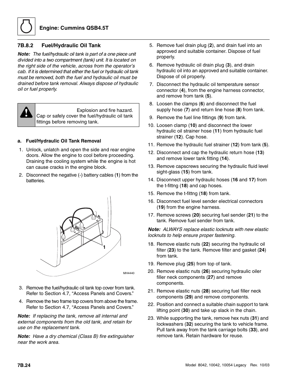 7b.8.2 fuel/hydraulic oil tank, 7b.8.2, Fuel/hydraulic oil tank b.24 | Warning | SkyTrak 8042 Service Manual User Manual | Page 391 / 906
