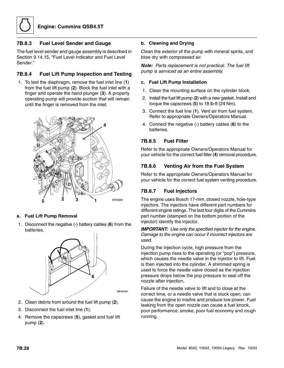 7b.8.3 fuel level sender and gauge, 7b.8.4 fuel lift pump inspection and testing, 7b.8.5 fuel filter | 7b.8.6 venting air from the fuel system, 7b.8.7 fuel injectors, 7b.8.3, Fuel level sender and gauge b.28, 7b.8.4, Fuel lift pump inspection and testing b.28, 7b.8.5 | SkyTrak 8042 Service Manual User Manual | Page 395 / 906
