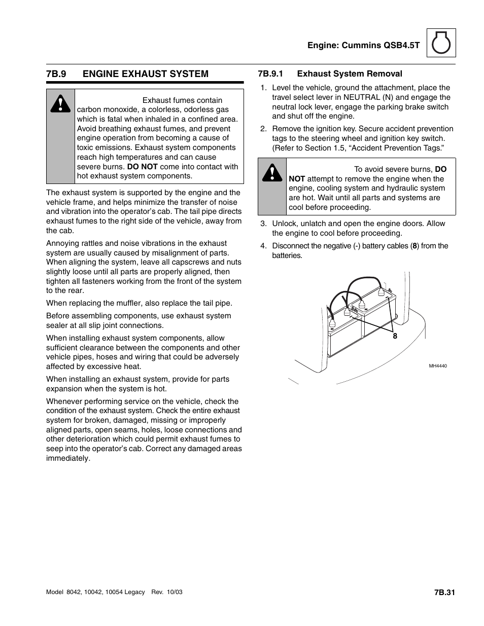 7b.9 engine exhaust system, 7b.9.1 exhaust system removal, 7b.9 | Engine exhaust system b.31, Engine exhaust system b.31 7b.9.1, Exhaust system removal b.31, Warning | SkyTrak 8042 Service Manual User Manual | Page 398 / 906