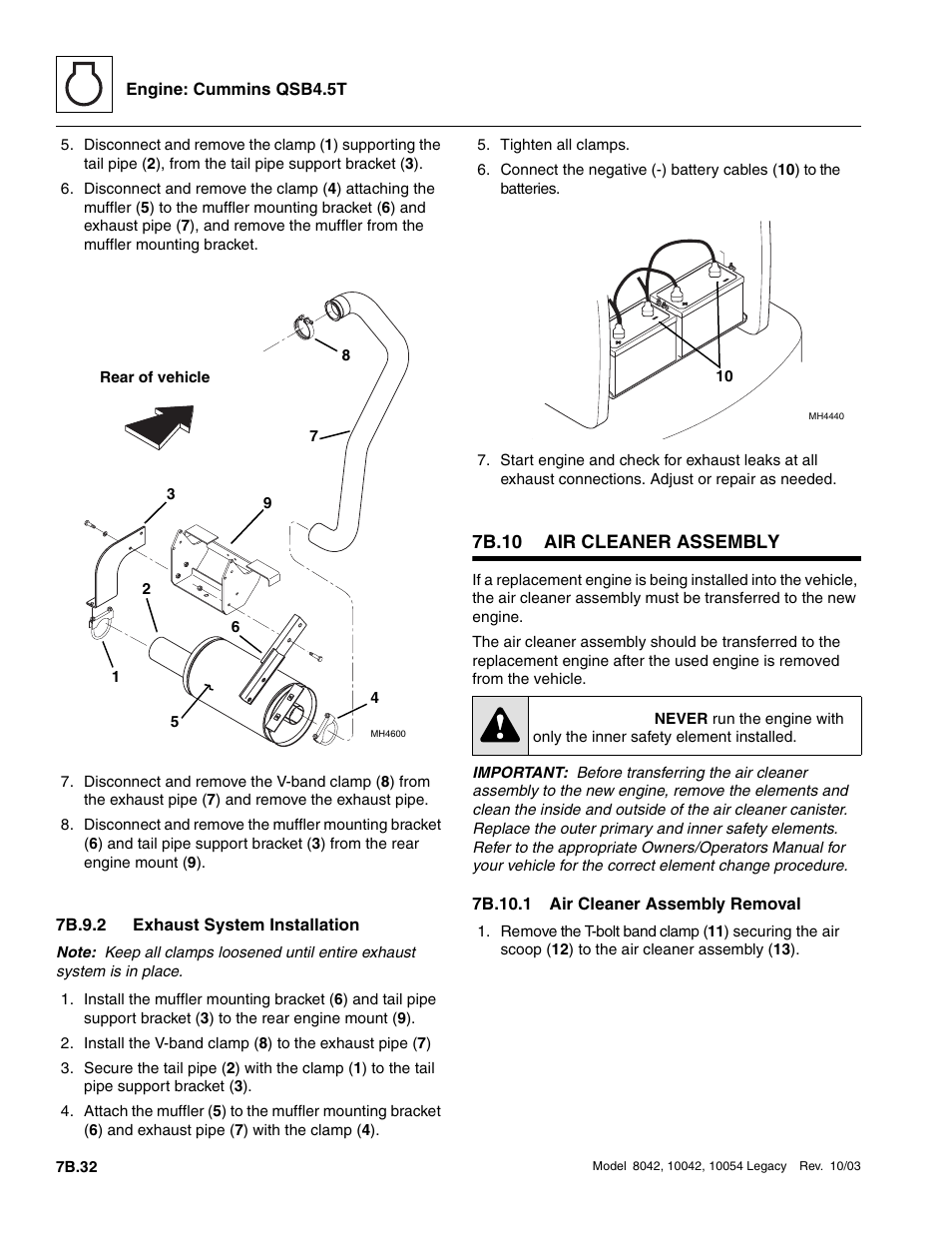 7b.9.2 exhaust system installation, 7b.10 air cleaner assembly, 7b.10.1 air cleaner assembly removal | 7b.10, Air cleaner assembly b.32, 7b.9.2, Exhaust system installation b.32, Air cleaner assembly b.32 7b.10.1, Air cleaner assembly removal b.32, Caution | SkyTrak 8042 Service Manual User Manual | Page 399 / 906