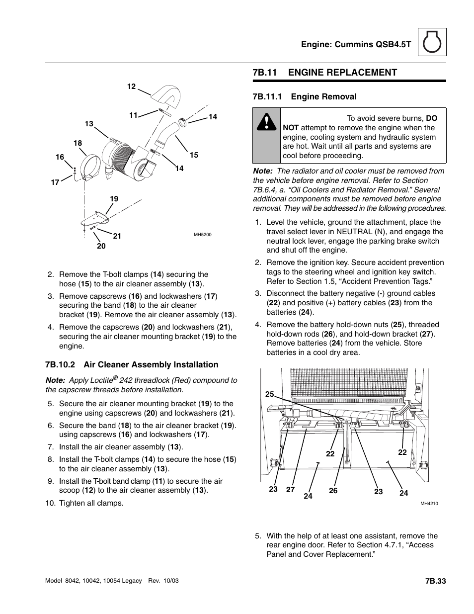 7b.10.2 air cleaner assembly installation, 7b.11 engine replacement, 7b.11.1 engine removal | 7b.11, Engine replacement b.33, 7b.10.2, Air cleaner assembly installation b.33, Engine replacement b.33 7b.11.1, Engine removal b.33, Op ( 12 ) | SkyTrak 8042 Service Manual User Manual | Page 400 / 906
