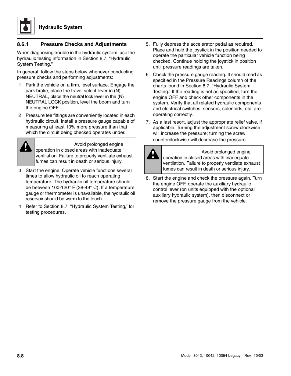 1 pressure checks and adjustments, Pressure checks and adjustments, Warning | SkyTrak 8042 Service Manual User Manual | Page 423 / 906