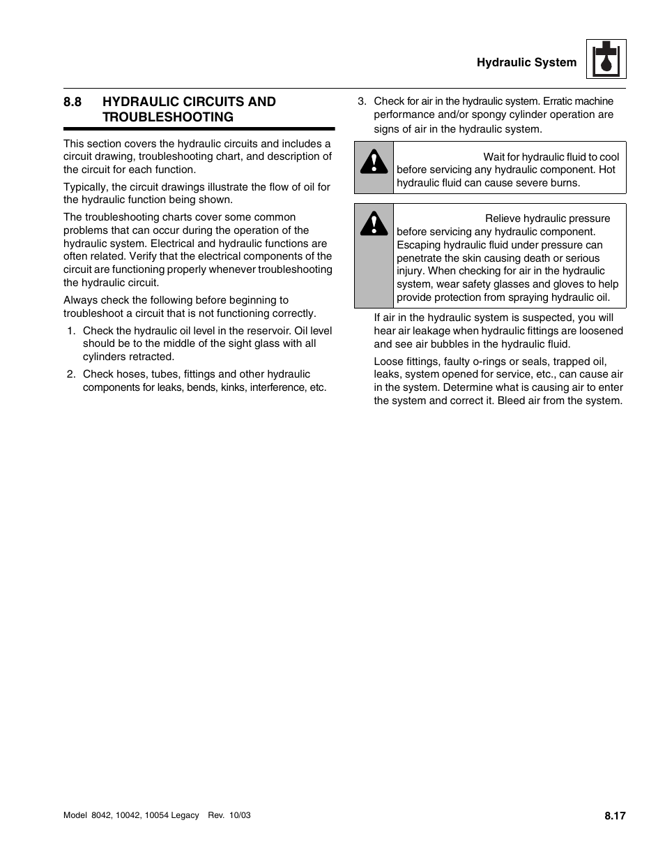8 hydraulic circuits and troubleshooting, Hydraulic circuits and troubleshooting, To section 8.8, “hydraulic | Circuits and troubleshooting, Section 8.8, “hydraulic, Warning | SkyTrak 8042 Service Manual User Manual | Page 432 / 906
