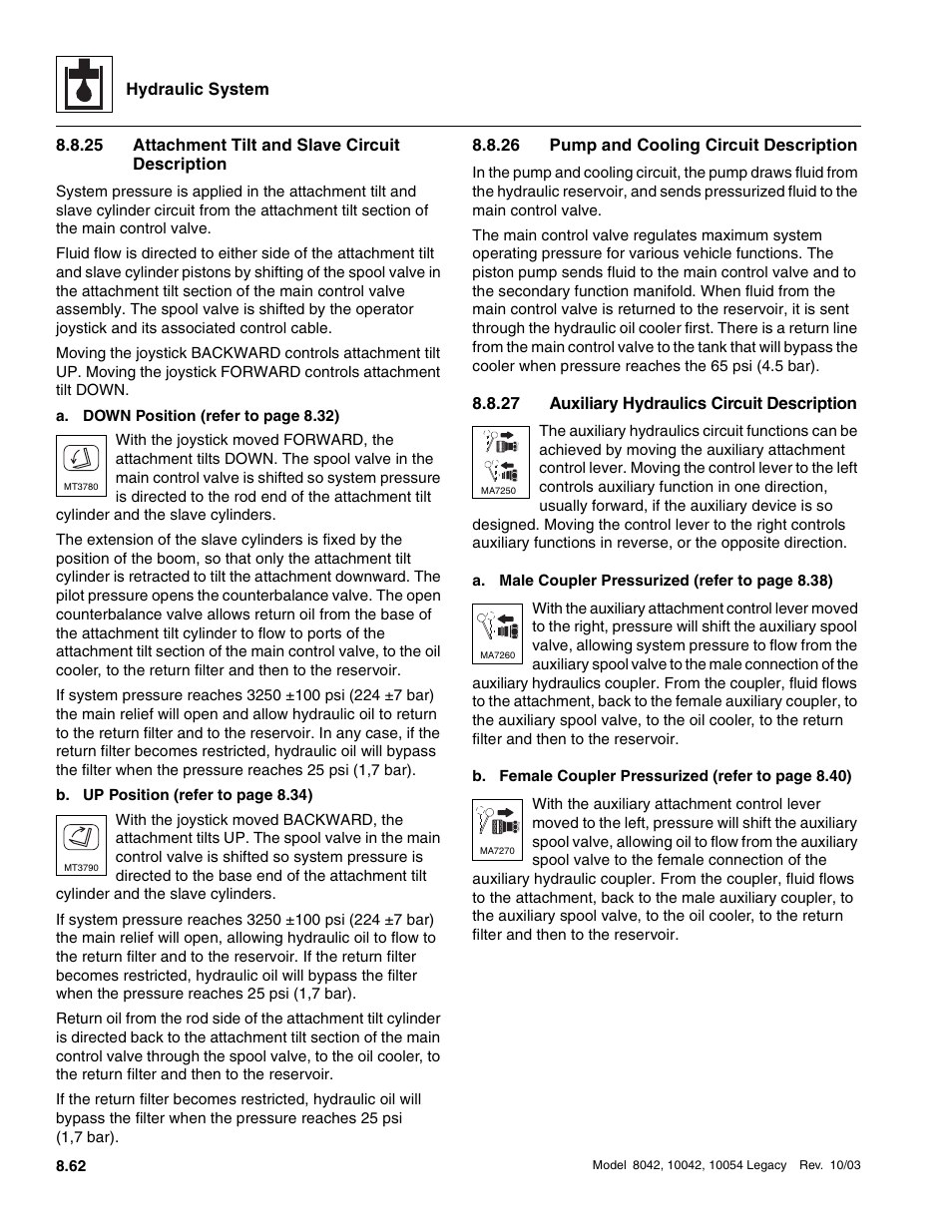 25 attachment tilt and slave circuit description, 26 pump and cooling circuit description, 27 auxiliary hydraulics circuit description | Attachment tilt and slave circuit description, Pump and cooling circuit description, Auxiliary hydraulics circuit description | SkyTrak 8042 Service Manual User Manual | Page 477 / 906