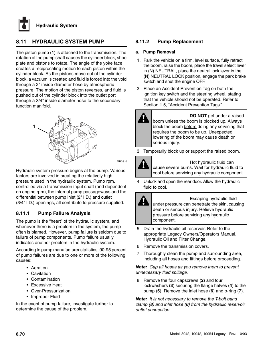 11 hydraulic system pump, 1 pump failure analysis, 2 pump replacement | Hydraulic system pump, Section 8.11.2, A. “pump removal, Pump failure analysis, Pump replacement, Warning | SkyTrak 8042 Service Manual User Manual | Page 485 / 906