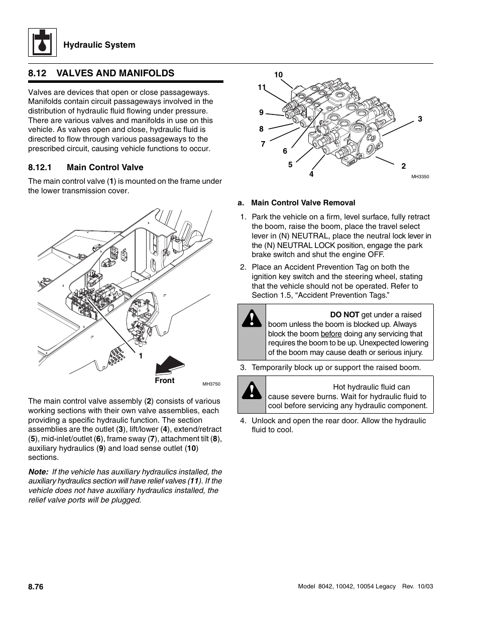 12 valves and manifolds, 1 main control valve, Valves and manifolds | Main control valve, Warning | SkyTrak 8042 Service Manual User Manual | Page 491 / 906