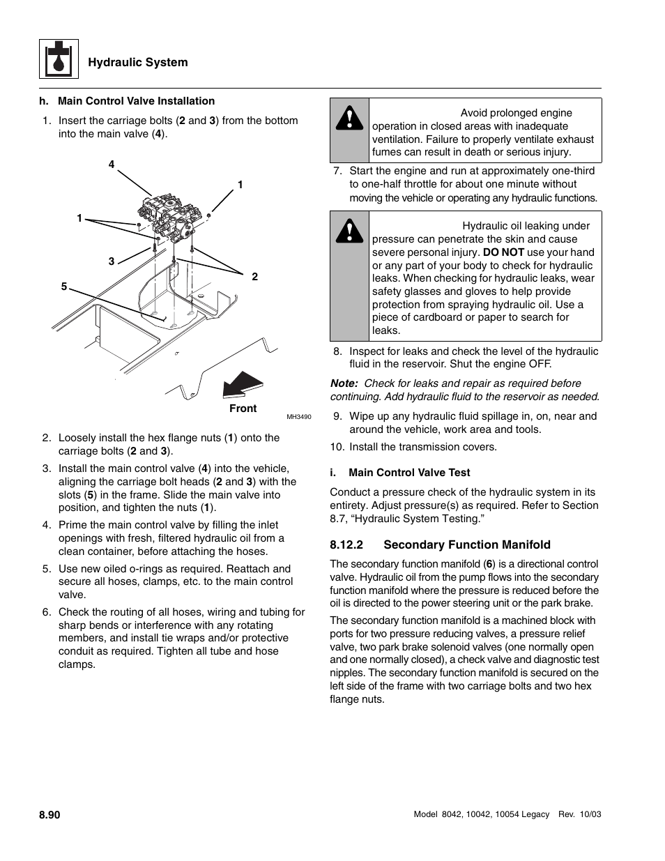 2 secondary function manifold, Secondary function manifold, Warning | SkyTrak 8042 Service Manual User Manual | Page 505 / 906