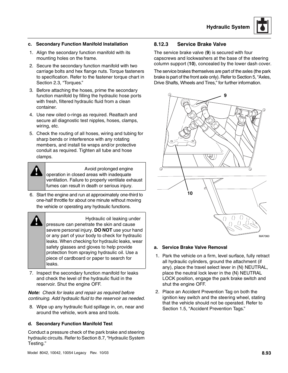3 service brake valve, Service brake valve, Warning | SkyTrak 8042 Service Manual User Manual | Page 508 / 906
