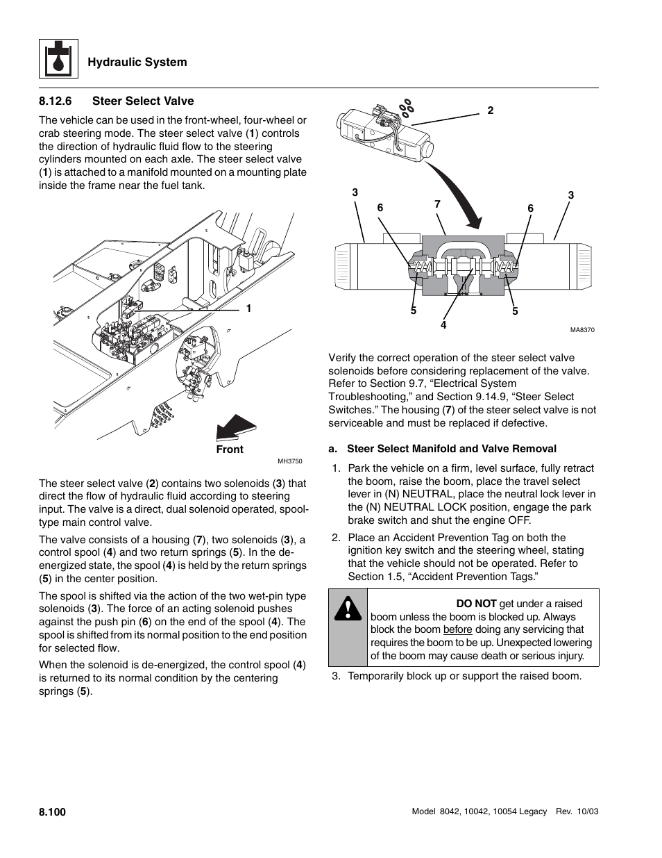 6 steer select valve, Steer select valve, Warning | SkyTrak 8042 Service Manual User Manual | Page 515 / 906