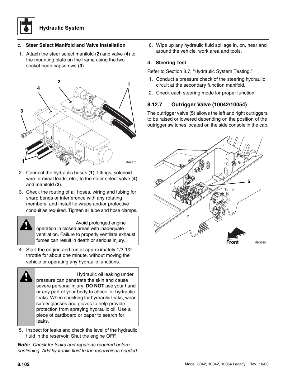 7 outrigger valve (10042/10054), Outrigger valve (10042/10054), Warning | SkyTrak 8042 Service Manual User Manual | Page 517 / 906