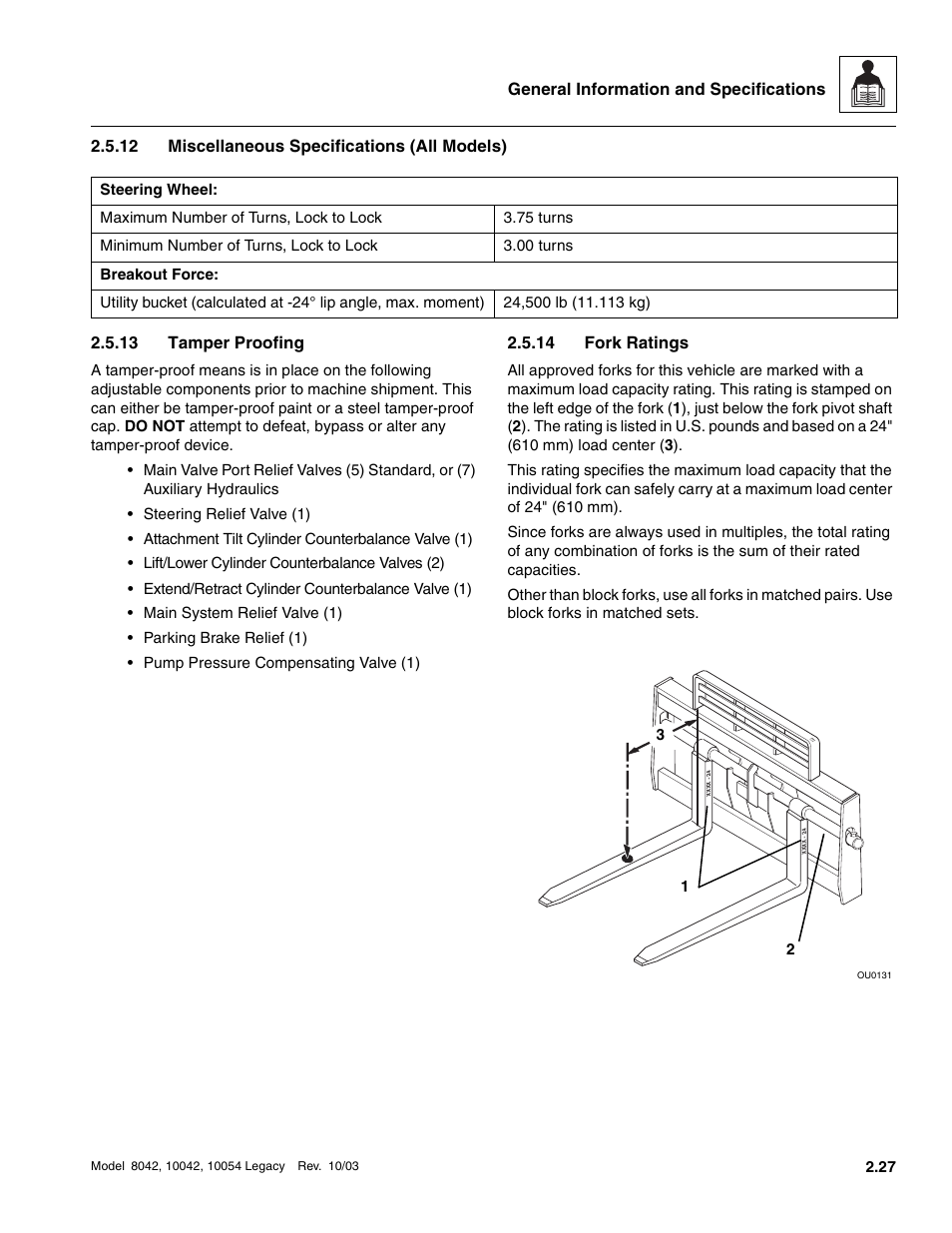 12 miscellaneous specifications (all models), 13 tamper proofing, 14 fork ratings | Miscellaneous specifications (all models), Tamper proofing, Fork ratings | SkyTrak 8042 Service Manual User Manual | Page 52 / 906
