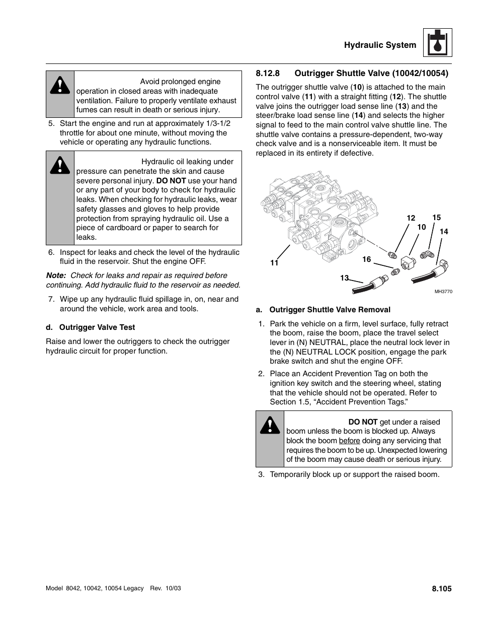 8 outrigger shuttle valve (10042/10054), Outrigger shuttle valve (10042/10054), Warning | SkyTrak 8042 Service Manual User Manual | Page 520 / 906