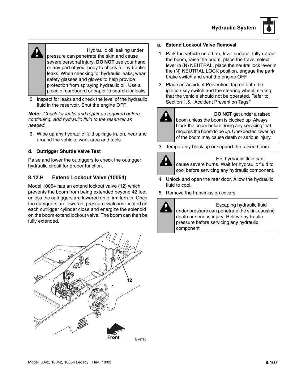 9 extend lockout valve (10054), Extend lockout valve (10054), Warning | SkyTrak 8042 Service Manual User Manual | Page 522 / 906