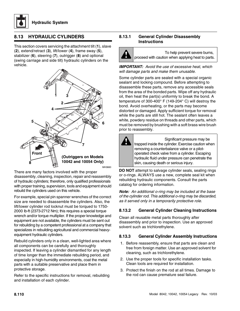 13 hydraulic cylinders, 1 general cylinder disassembly instructions, 2 general cylinder cleaning instructions | 3 general cylinder assembly instructions, Hydraulic cylinders, Hydraulic cylinders 8.13.1, General cylinder disassembly instructions, General cylinder cleaning instructions, General cylinder assembly instructions, Warning | SkyTrak 8042 Service Manual User Manual | Page 525 / 906