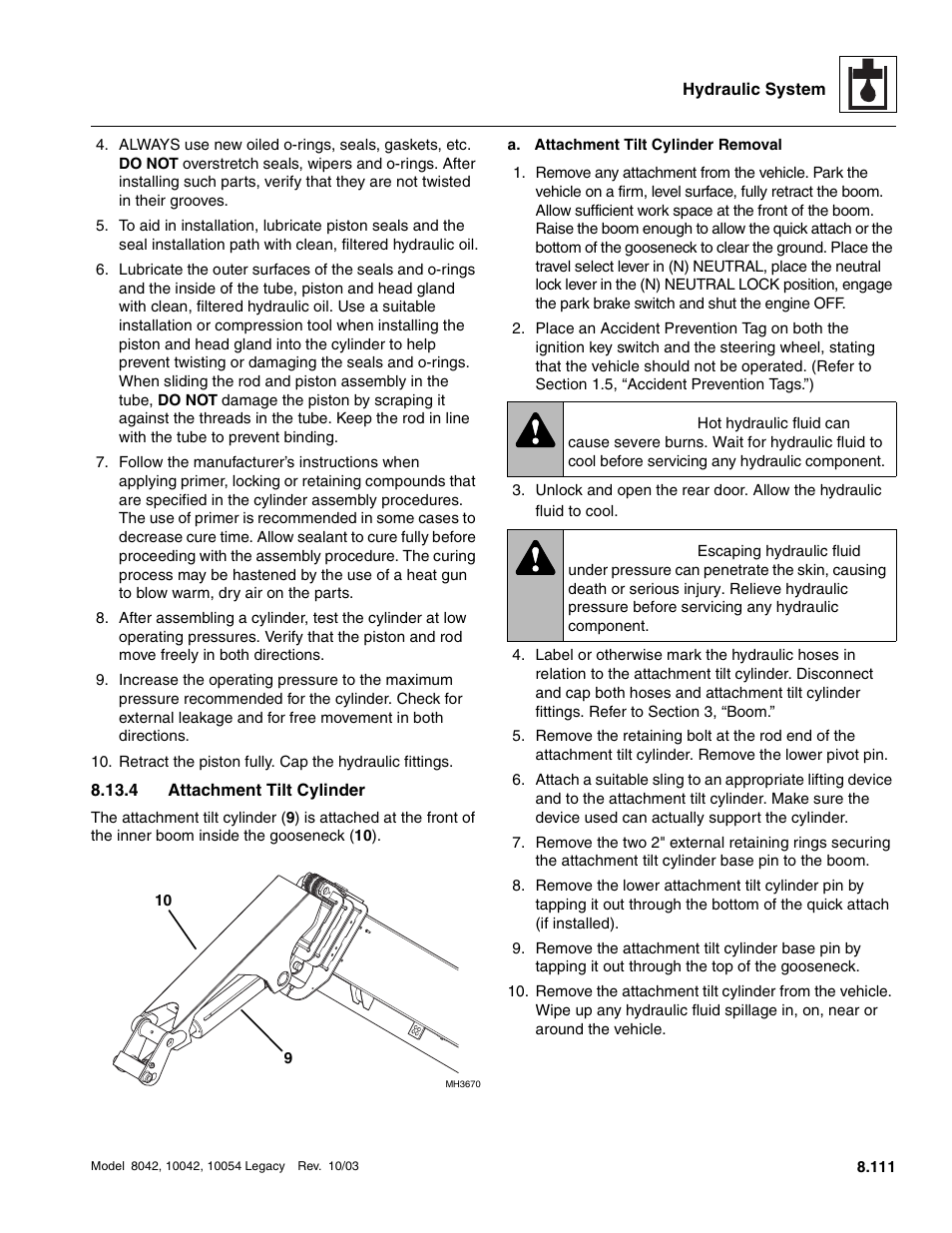 4 attachment tilt cylinder, Attachment tilt cylinder, Warning | SkyTrak 8042 Service Manual User Manual | Page 526 / 906