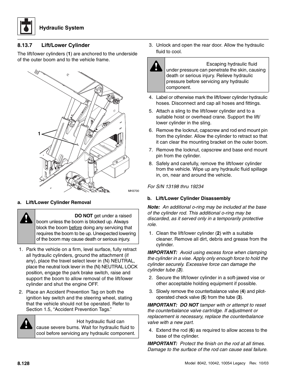 7 lift/lower cylinder, Section 8.13.7, “lift/lower cylinder, Lift/lower cylinder | Warning | SkyTrak 8042 Service Manual User Manual | Page 543 / 906