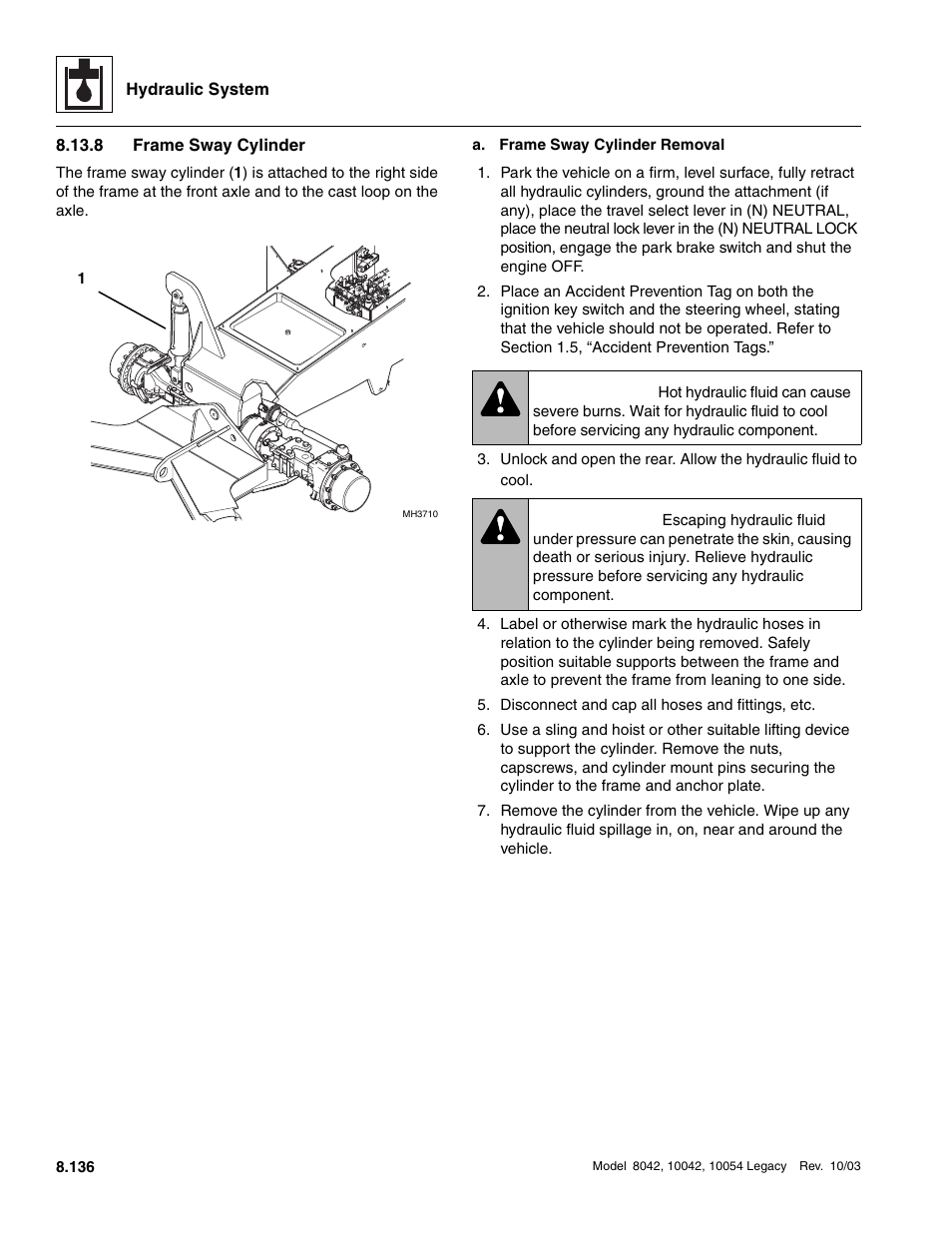 8 frame sway cylinder, Frame sway cylinder, Warning | SkyTrak 8042 Service Manual User Manual | Page 551 / 906