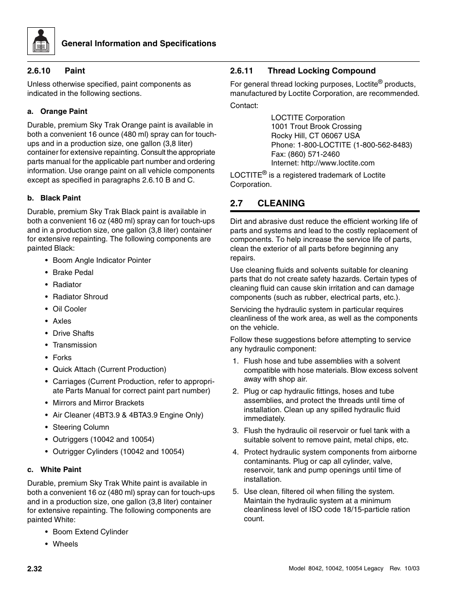 10 paint, 11 thread locking compound, 7 cleaning | Cleaning, Paint, Thread locking compound | SkyTrak 8042 Service Manual User Manual | Page 57 / 906