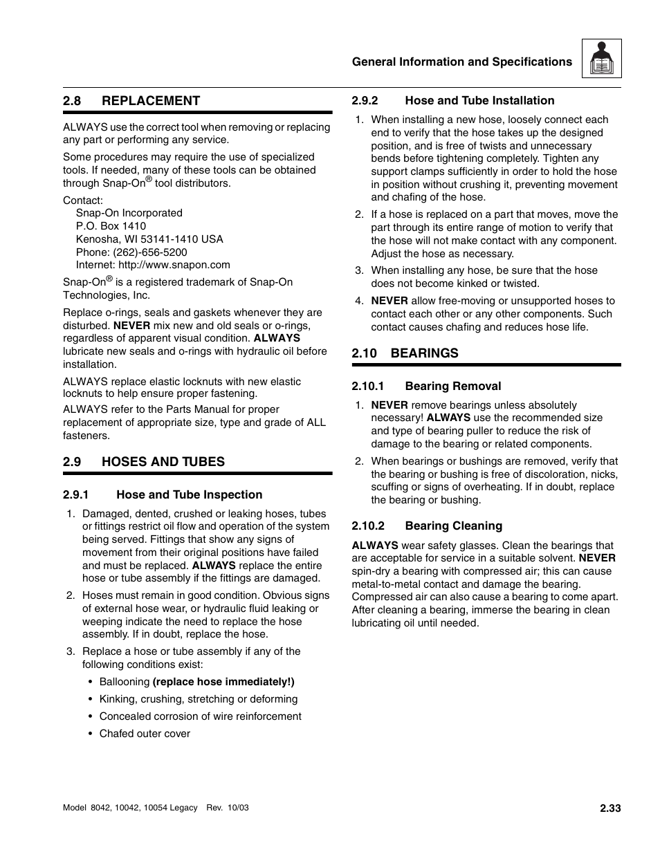 8 replacement, 9 hoses and tubes, 1 hose and tube inspection | 2 hose and tube installation, 10 bearings, 1 bearing removal, 2 bearing cleaning, Replacement, Hoses and tubes, Bearings | SkyTrak 8042 Service Manual User Manual | Page 58 / 906
