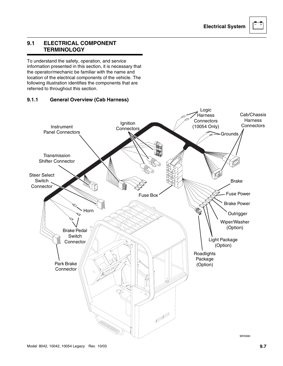 1 electrical component terminology, 1 general overview (cab harness), Electrical component terminology | Section 9.1.1, “general overview (cab harness), General overview (cab harness) | SkyTrak 8042 Service Manual User Manual | Page 598 / 906