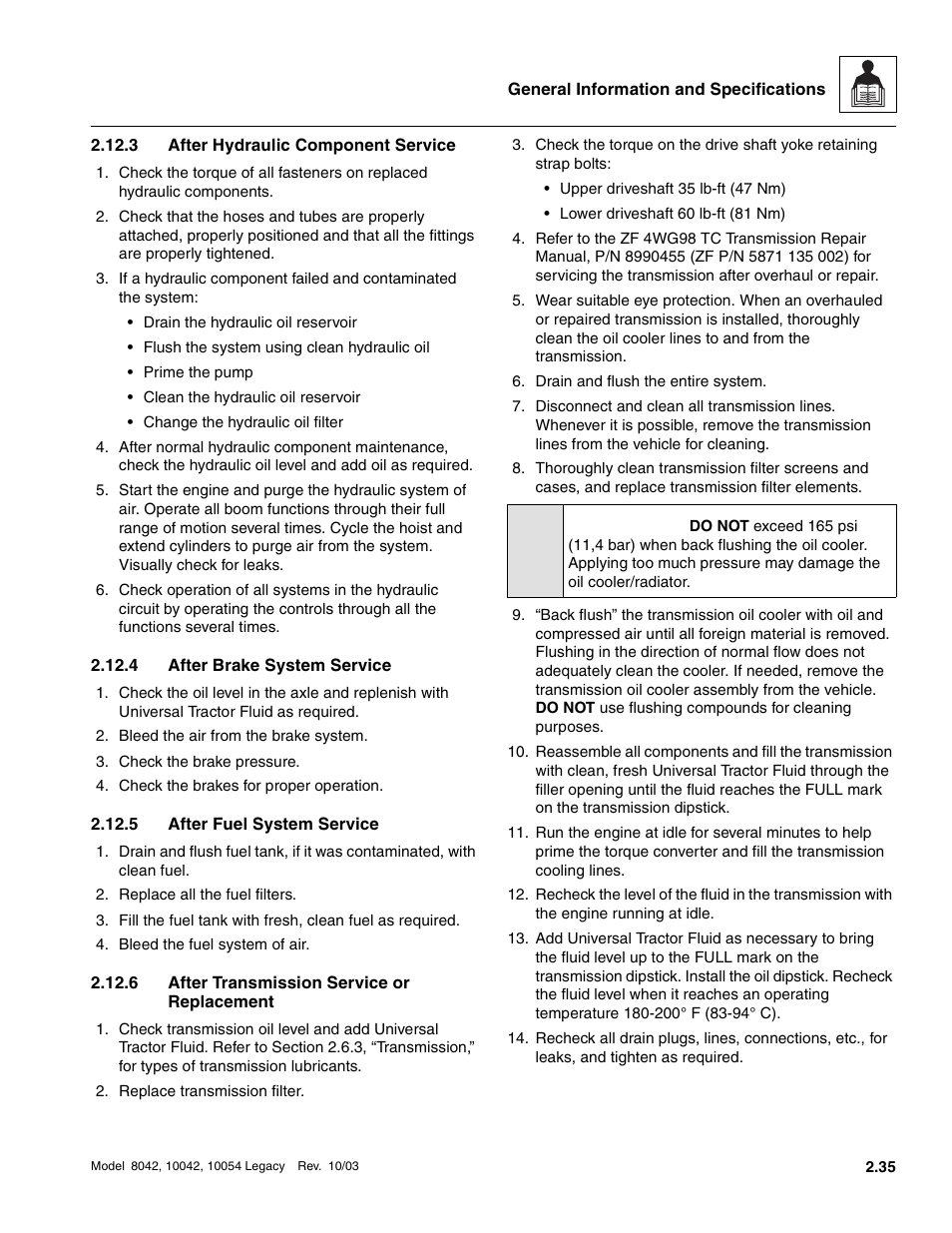 3 after hydraulic component service, 4 after brake system service, 5 after fuel system service | 6 after transmission service or replacement, After hydraulic component service, After brake system service, After fuel system service, After transmission service or replacement, Caution | SkyTrak 8042 Service Manual User Manual | Page 60 / 906
