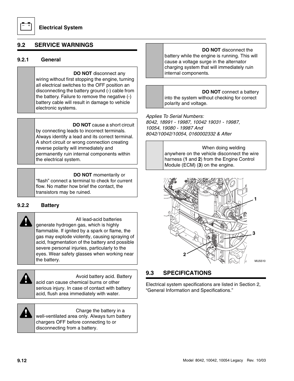 2 service warnings, 1 general, 2 battery | 3 specifications, Service warnings, Specifications, General, Battery, Caution, Warning | SkyTrak 8042 Service Manual User Manual | Page 603 / 906