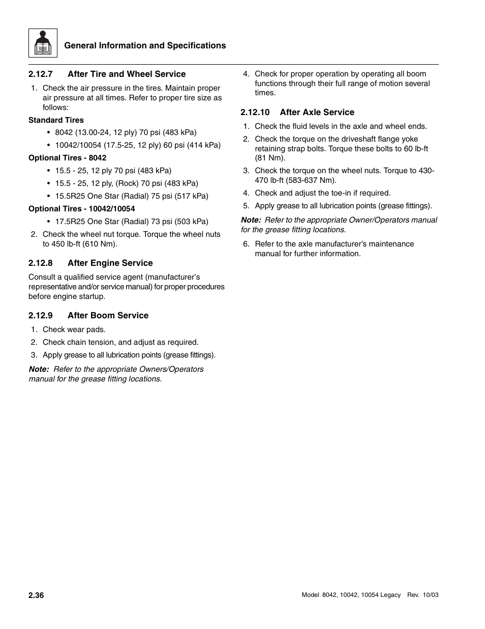 7 after tire and wheel service, 8 after engine service, 9 after boom service | 10 after axle service, After tire and wheel service, After engine service, After boom service, After axle service | SkyTrak 8042 Service Manual User Manual | Page 61 / 906